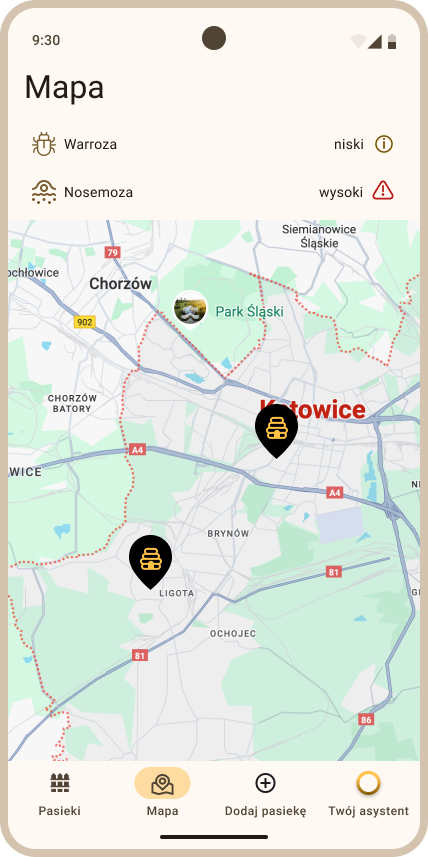 Zakładka Mapa - przykładowy widok lokalizacji pasiek