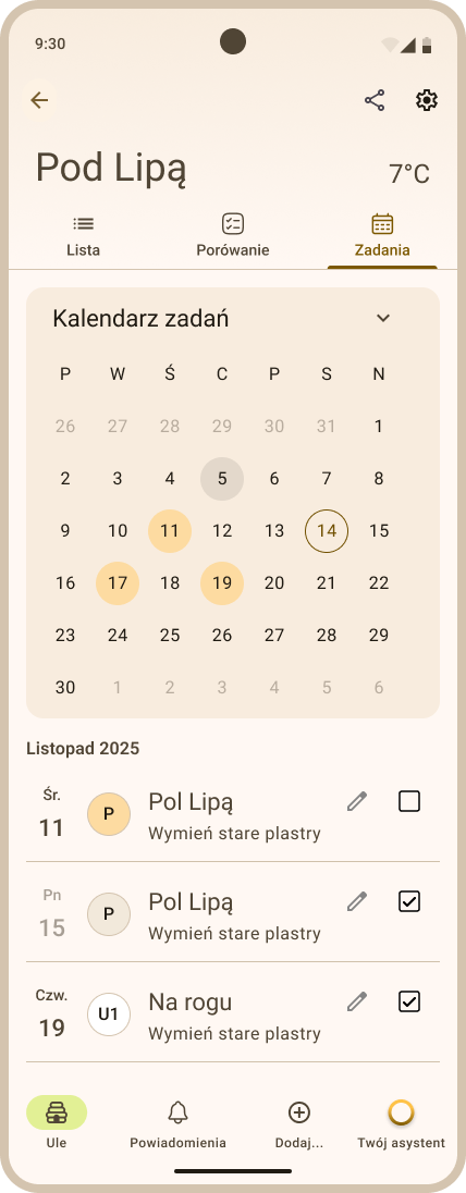 Zakładka Zadania (w pasiece) - przykładowy widok kalendarza zadań