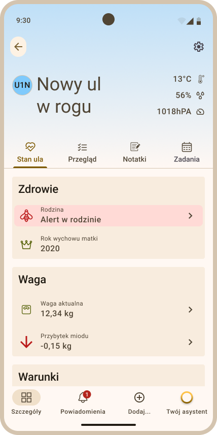 Zakładka Szczegóły ula - ul z wykrytym zagrożeniem