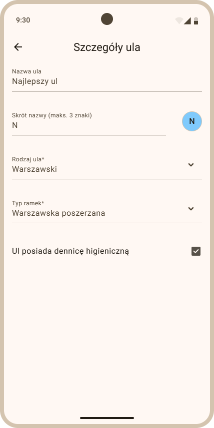 Widok Ustawienia ula - sekcja Szczegóły ula