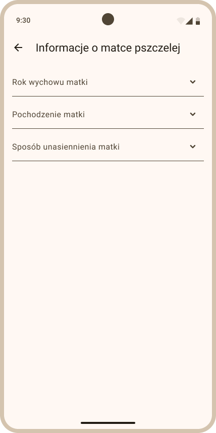 Widok Ustawienia ula - sekcja Informacje o matce
