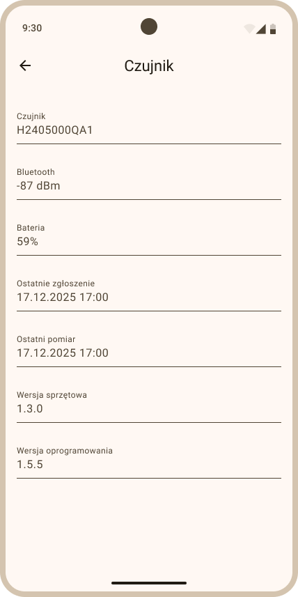 Widok Ustawienia ula - sekcja Wyposażenie - szczegóły VitalSensor