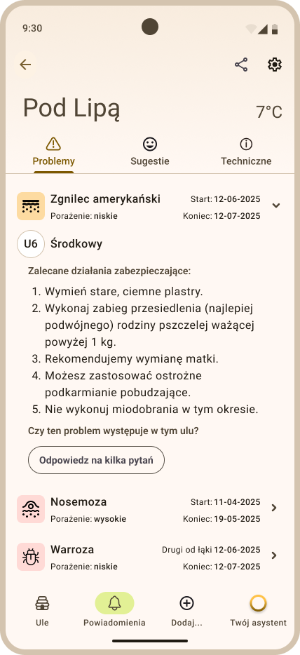 Zakładka Powiadomienia - przykładowe powiadomienia chorobowe w zakładce Problemy