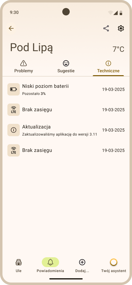 Zakładka Powiadomienia - przykładowe powiadomienia techniczne w zakładce Techniczne