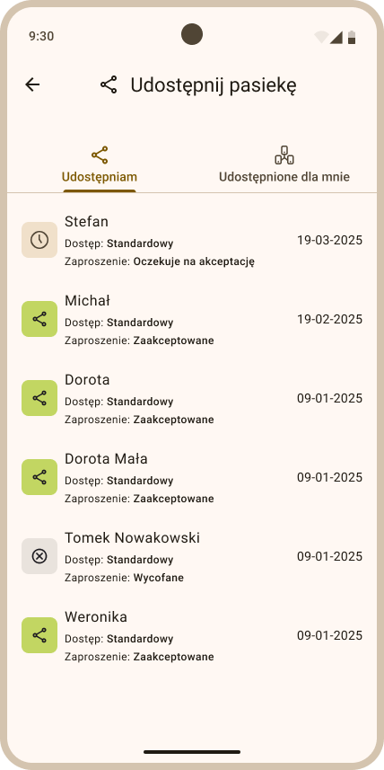 Lista użytkowników, dla których wysłano zaproszenie z udostępnieniem pasieki