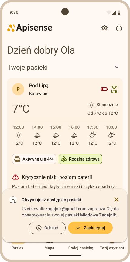 Powiadomienie o udostępnieniu pasieki przez innego użytkownika